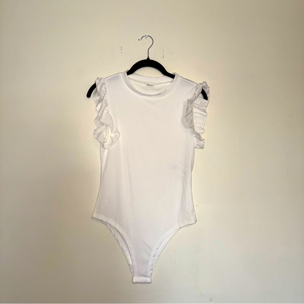 White Ruffled Bodysuit Top - Picture 2 of 12